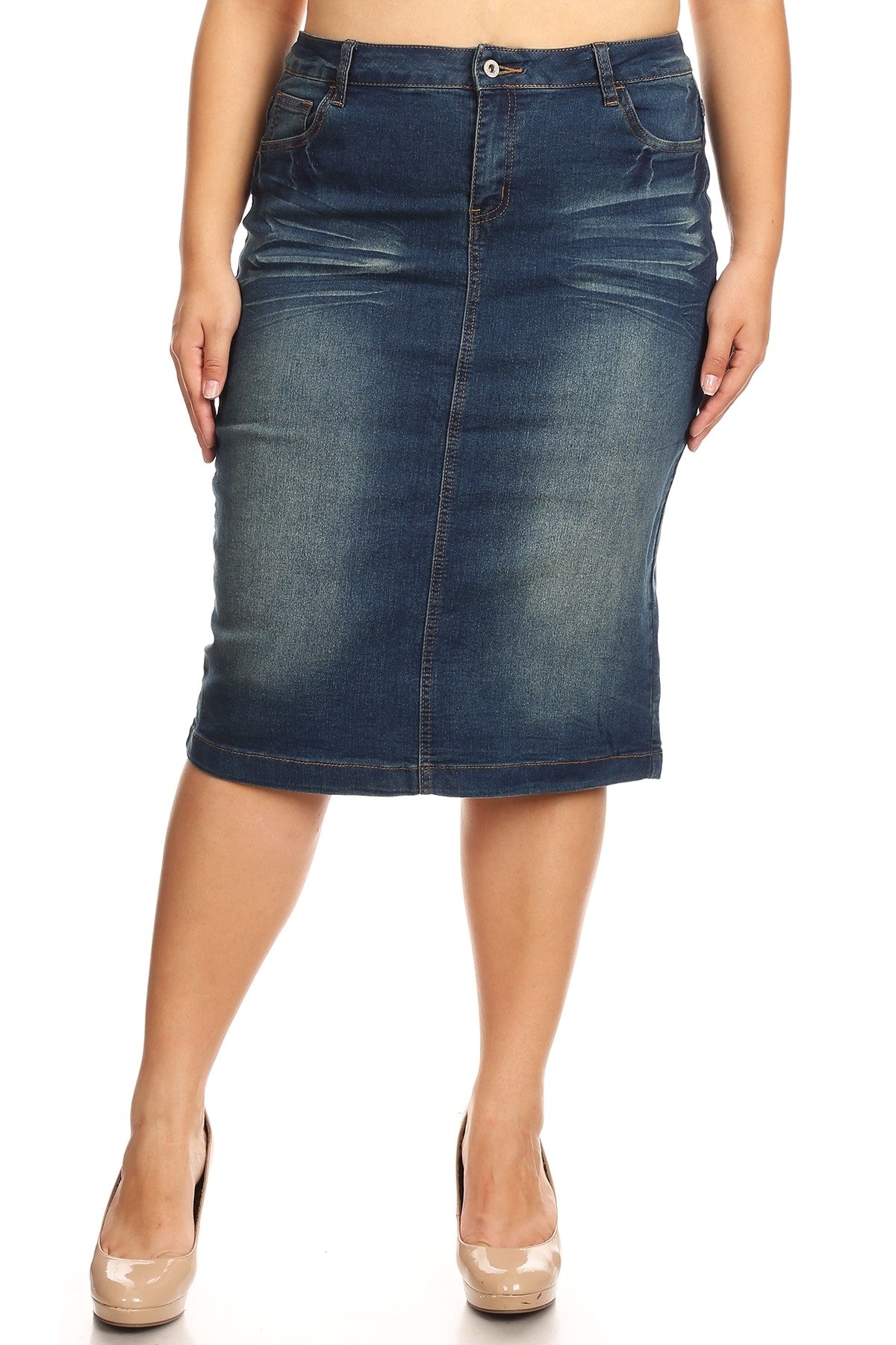 model wears blue wash denim skirt