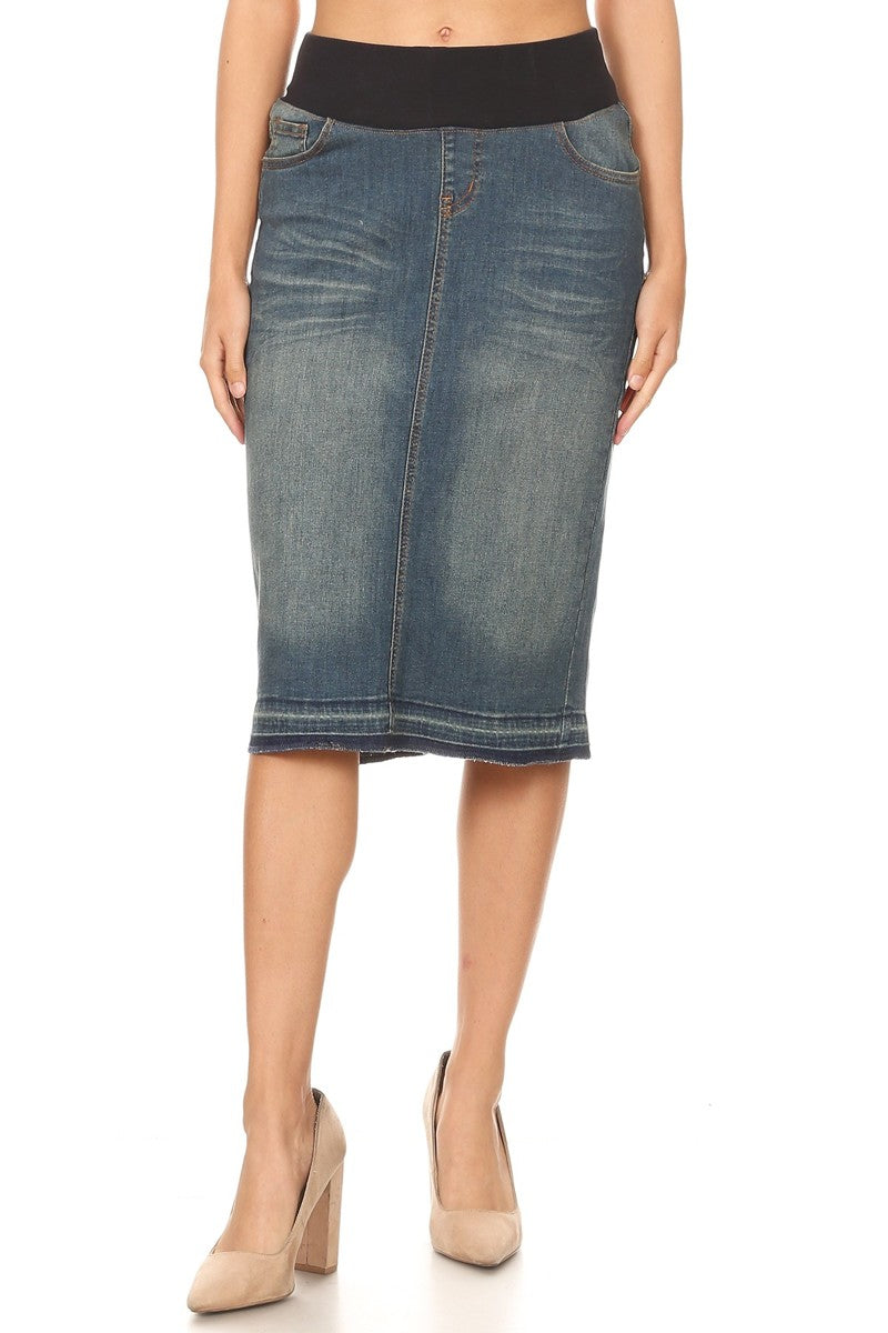 model wears blue wash denim skirt