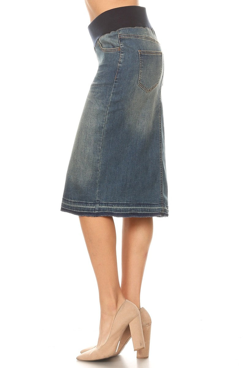model wears blue wash denim skirt