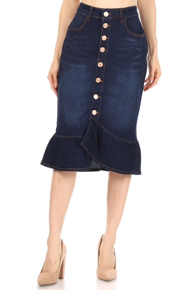 model wears dark indigo wash denim skirt