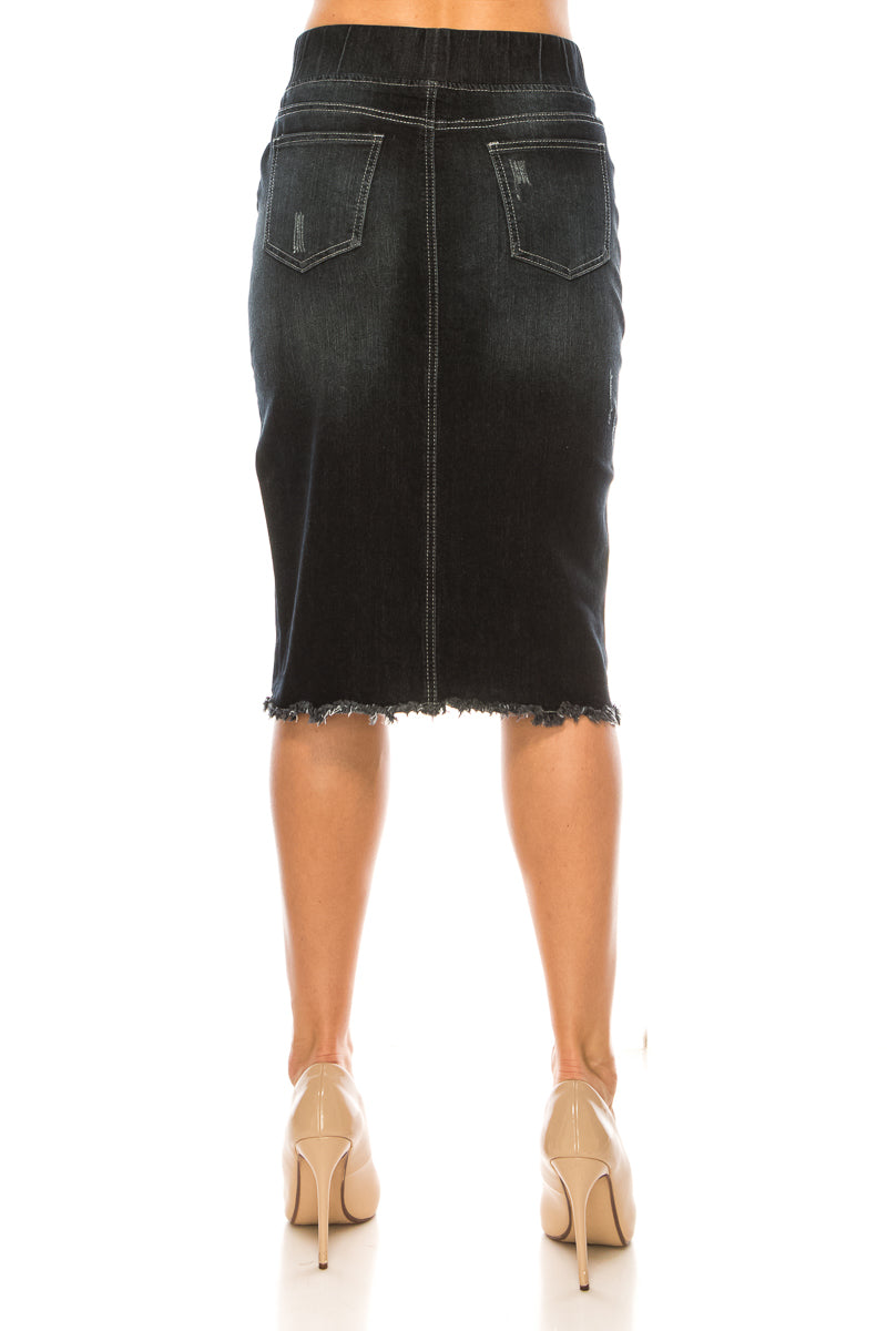 model wears black wash denim skirt