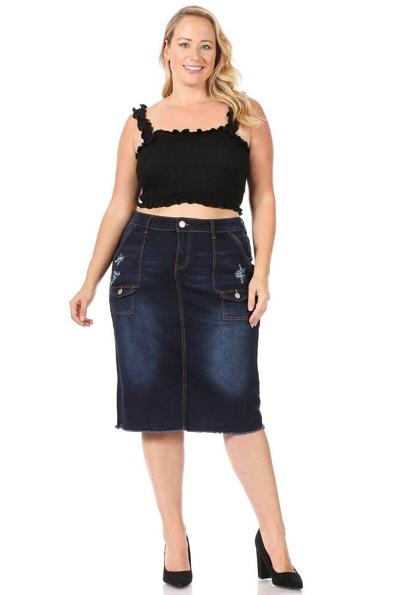 model wears dark indigo wash denim skirt