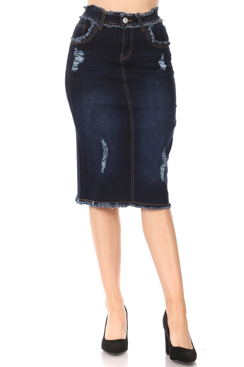 model wears dark indigo wash denim skirt