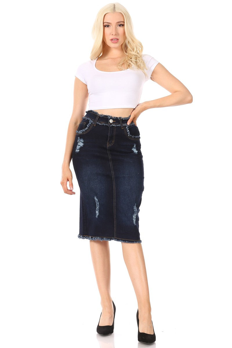 model wears dark indigo wash denim skirt