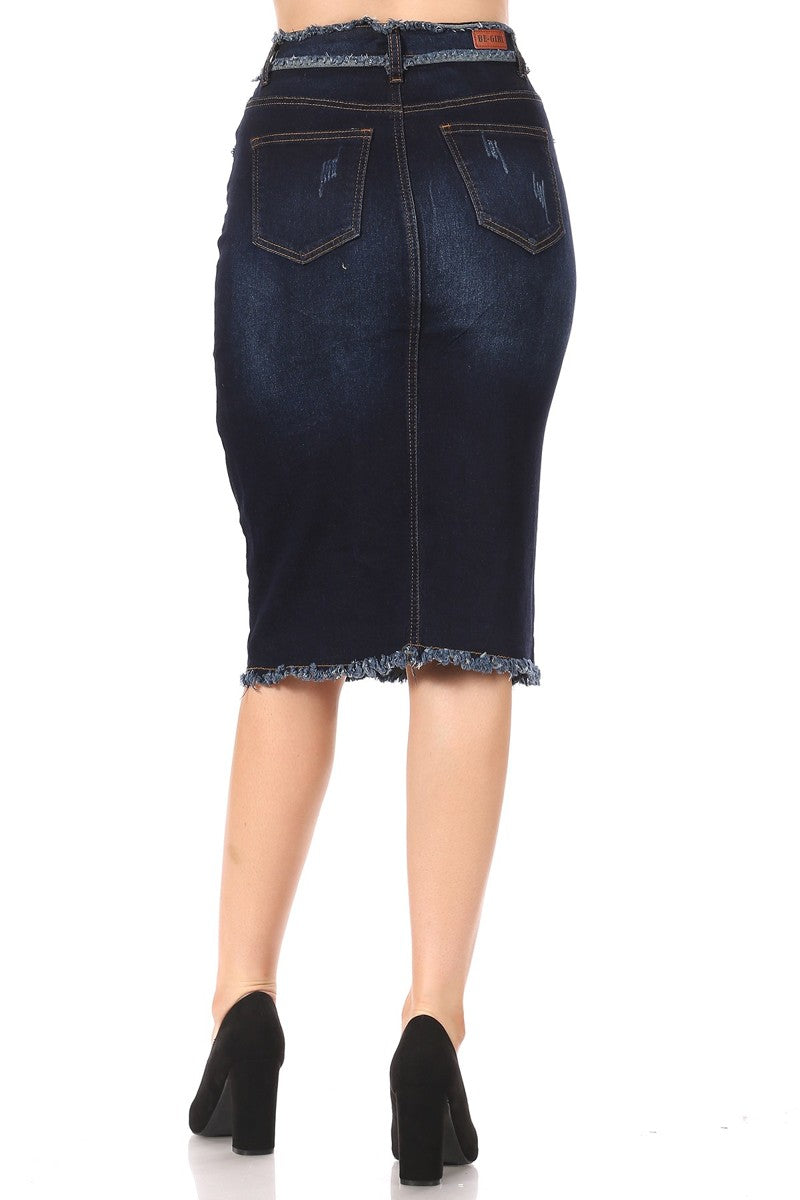model wears dark indigo wash denim skirt