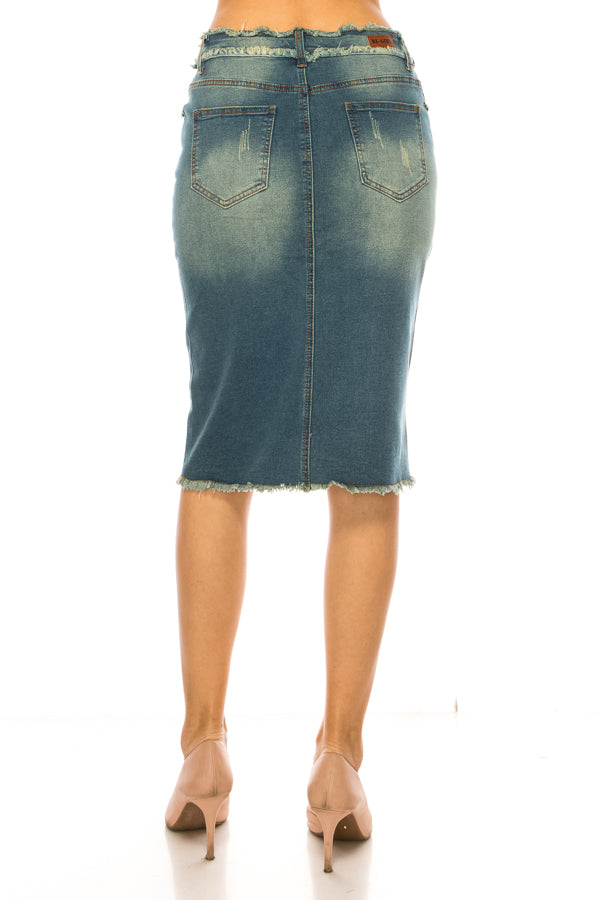 model wears vintage wash denim skirt