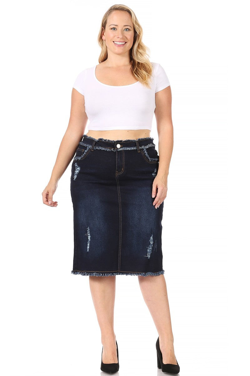 model wears dark indigo wash denim skirt