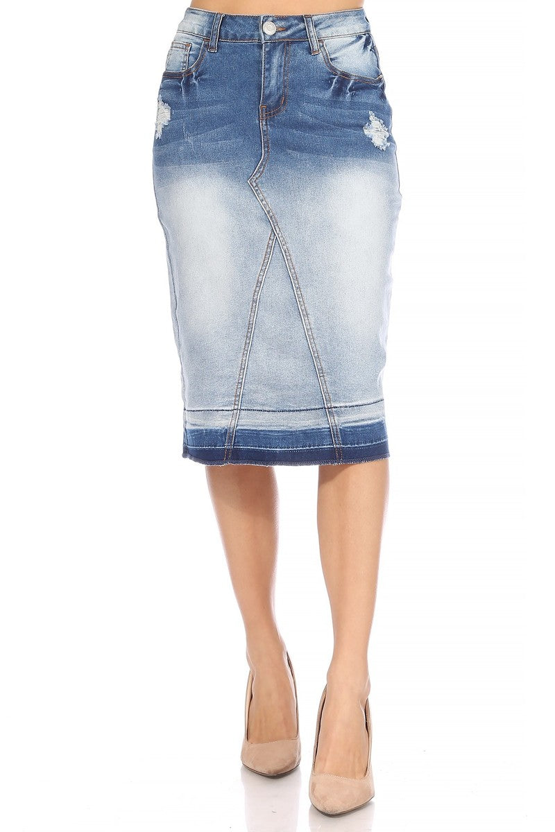 model weas blue denim midi skirt