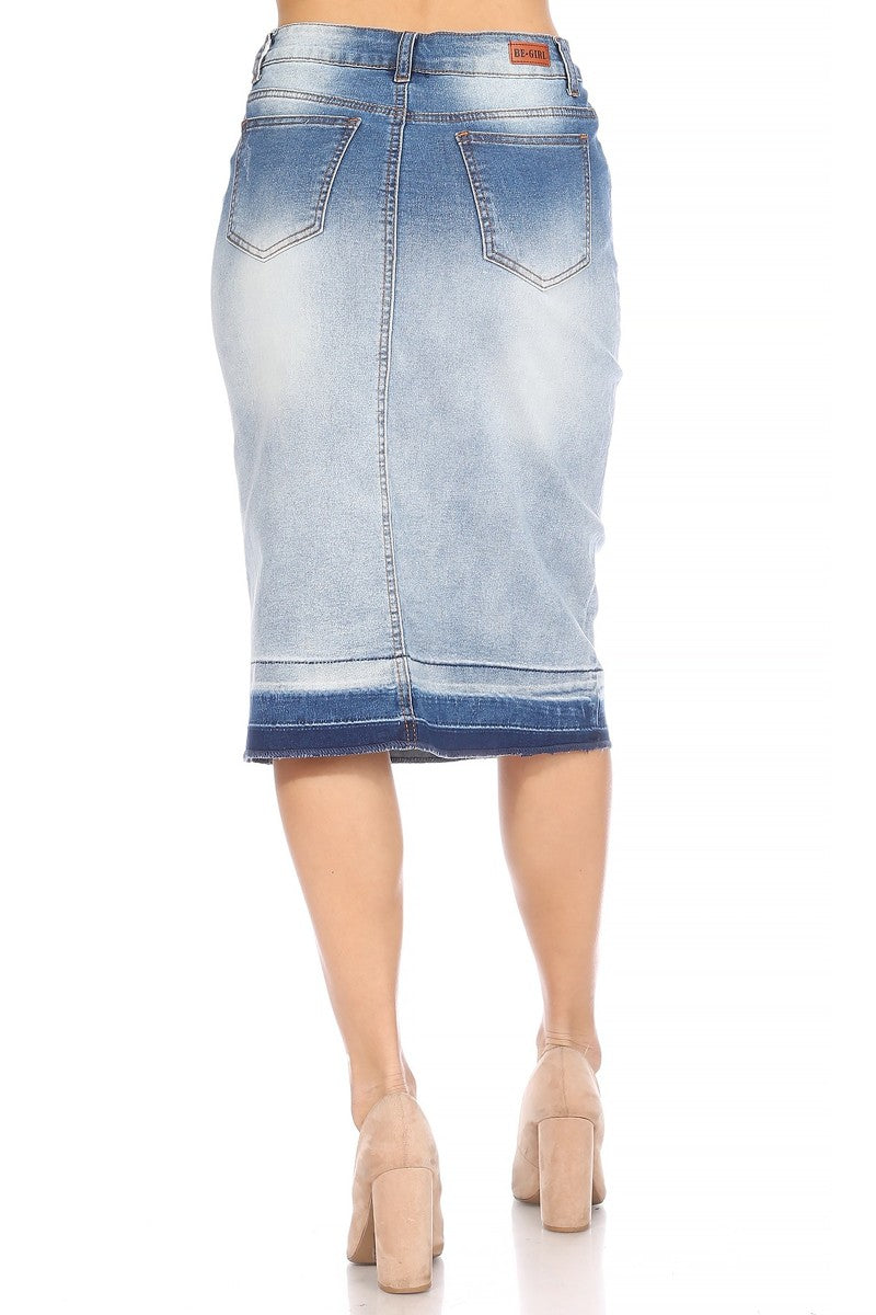 model weas blue denim midi skirt