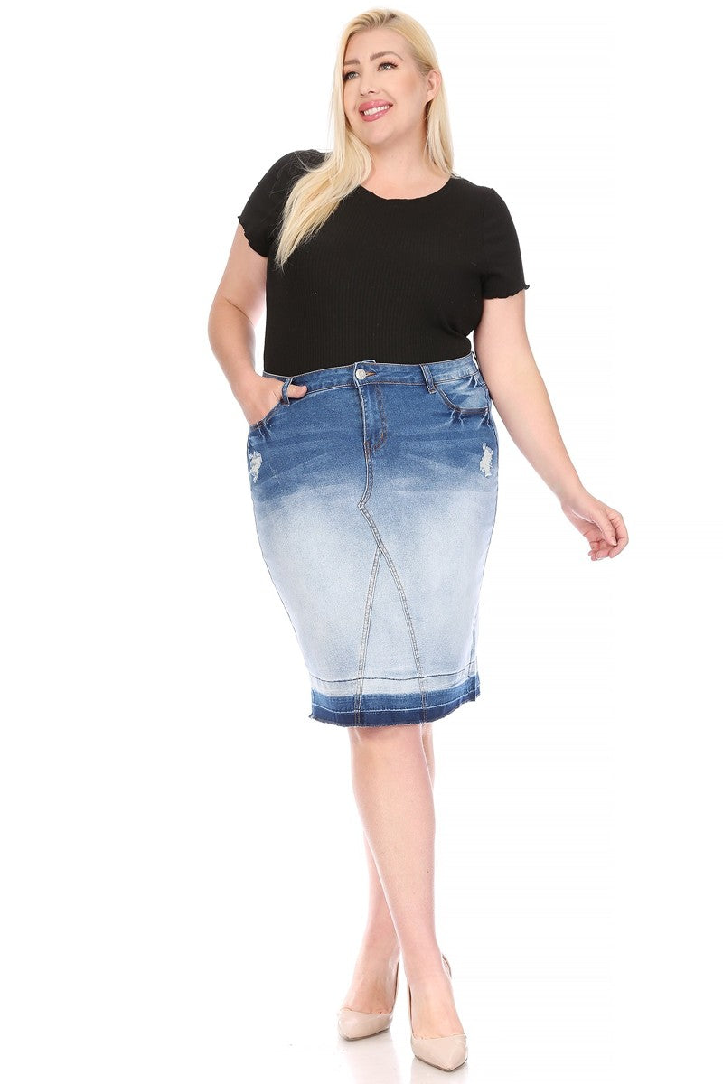 model weas blue denim midi skirt
