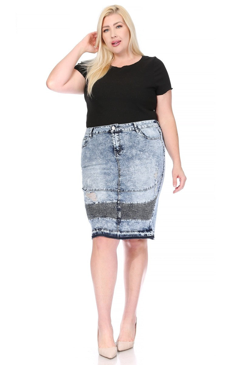 model wears blue denim midi skirt