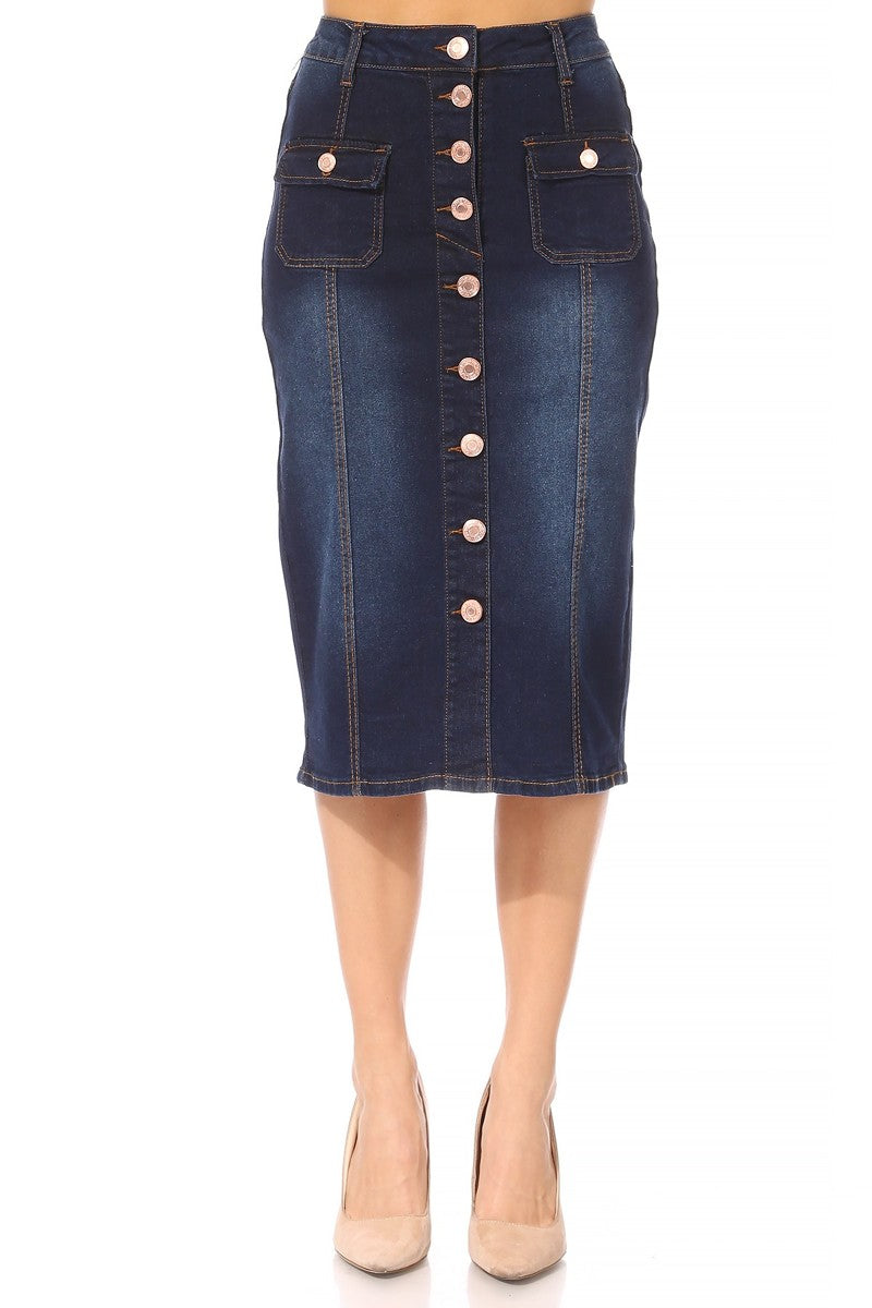model wears dark indigo wash denim skirt