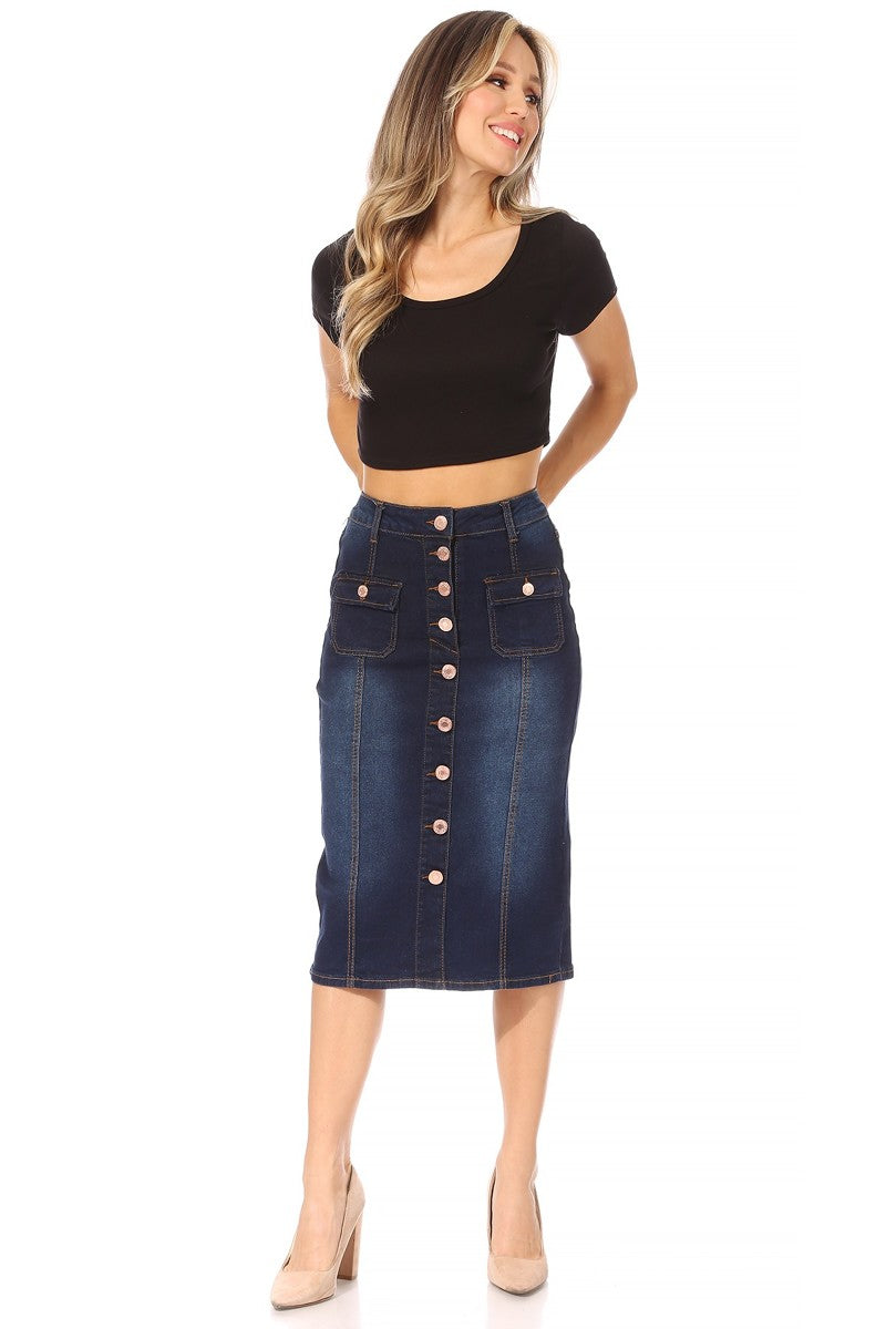 model wears dark indigo wash denim skirt