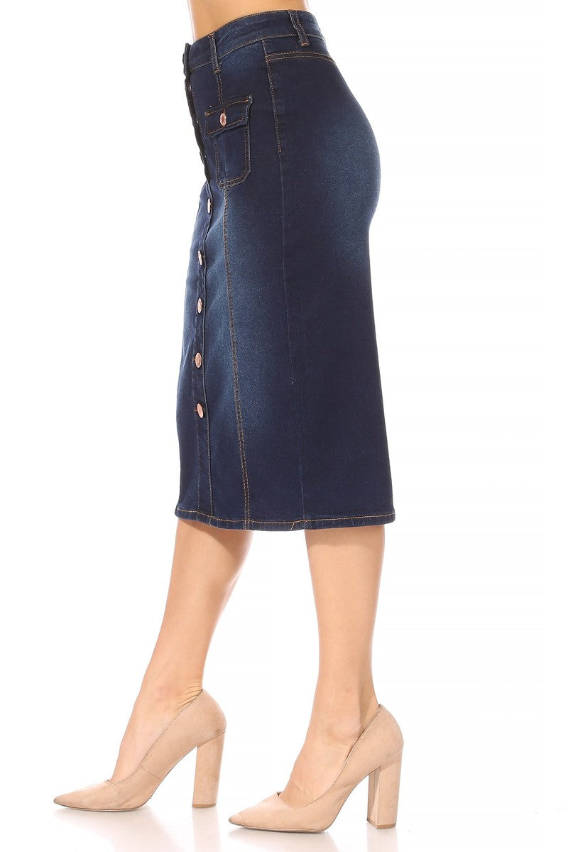 model wears dark indigo wash denim skirt