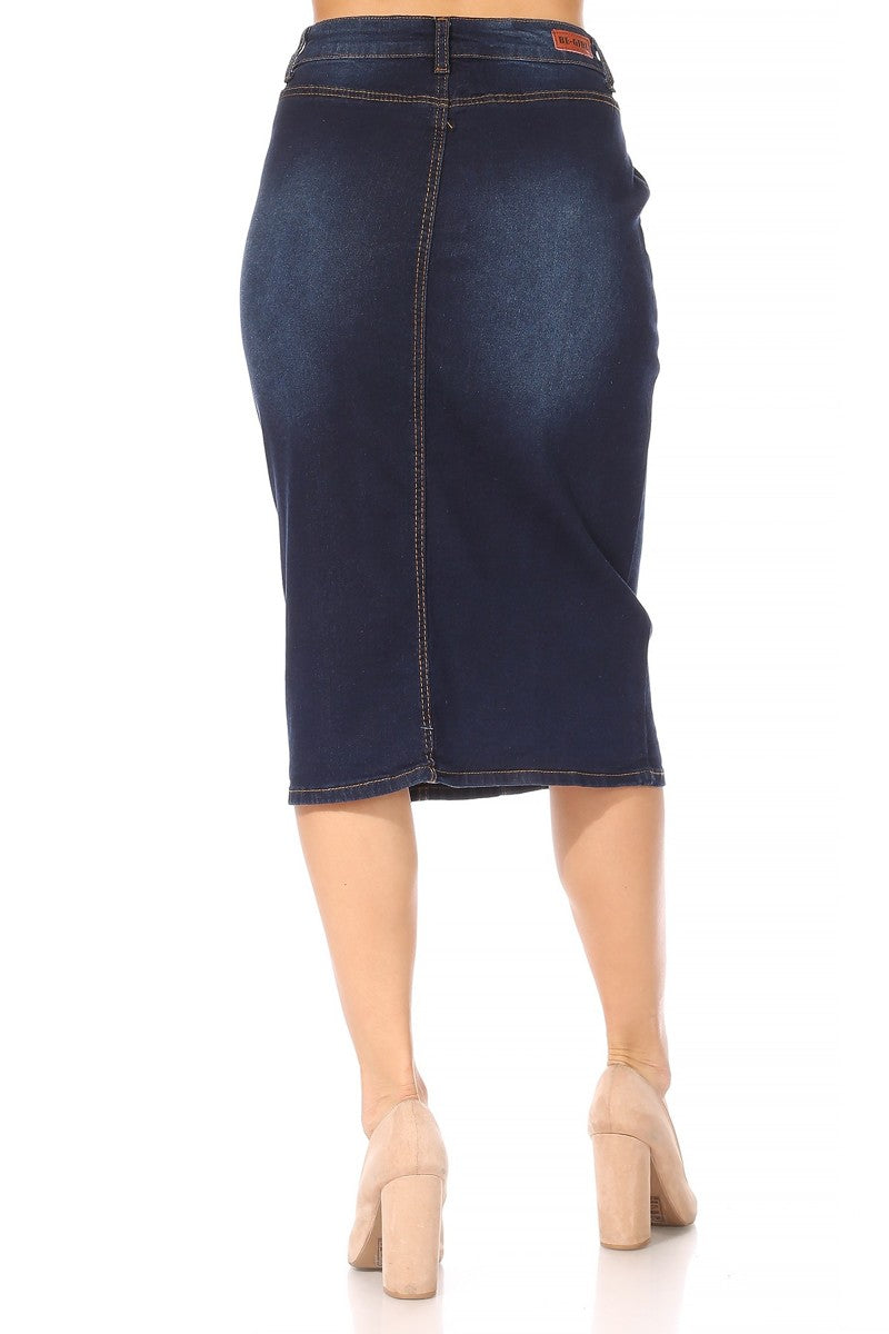 model wears dark indigo wash denim skirt