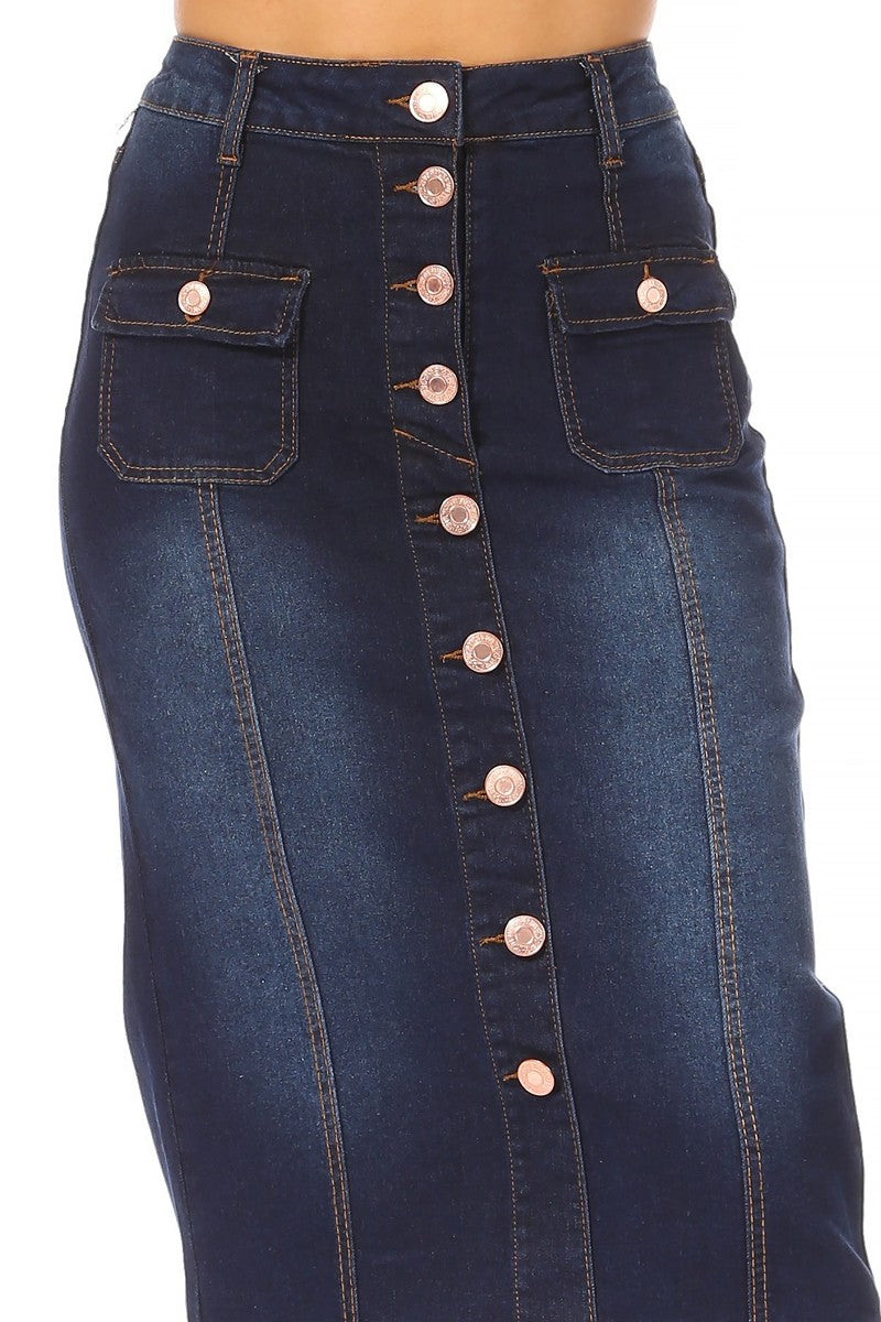 model wears dark indigo wash denim skirt