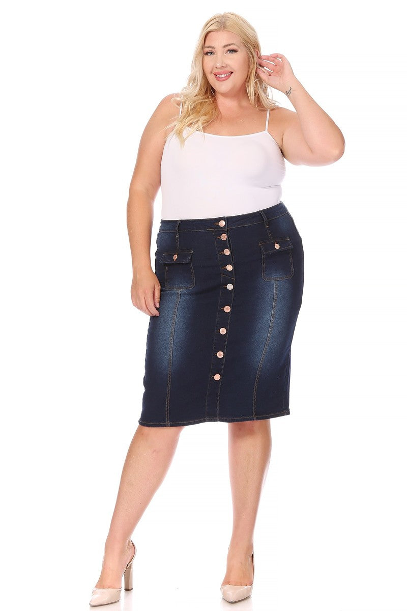 model wears dark indigo wash denim skirt