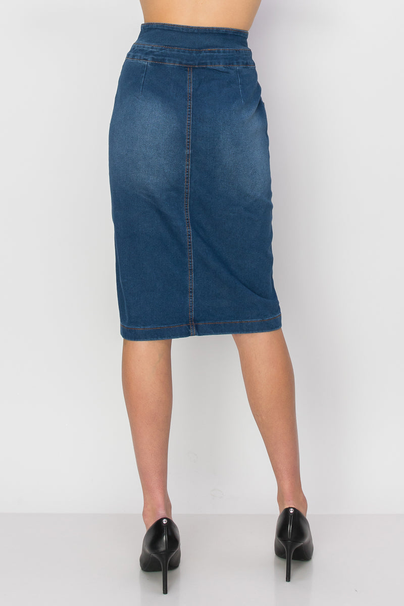 model wears indigo wash denim skirt