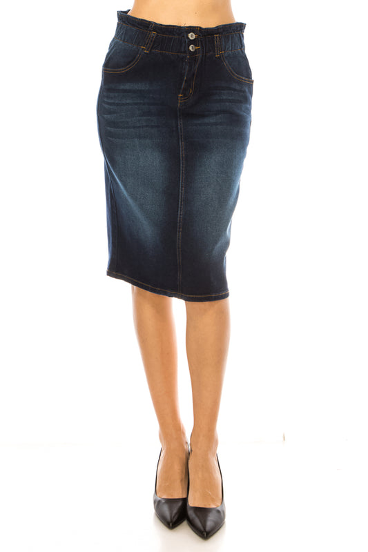 model wears dark indigo wash skirt