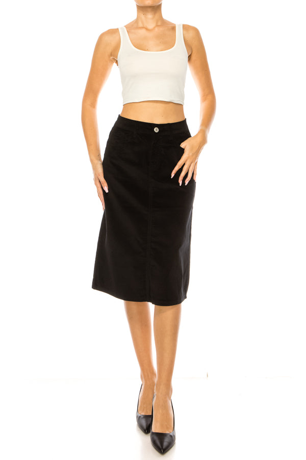 model wears black velvet skirt