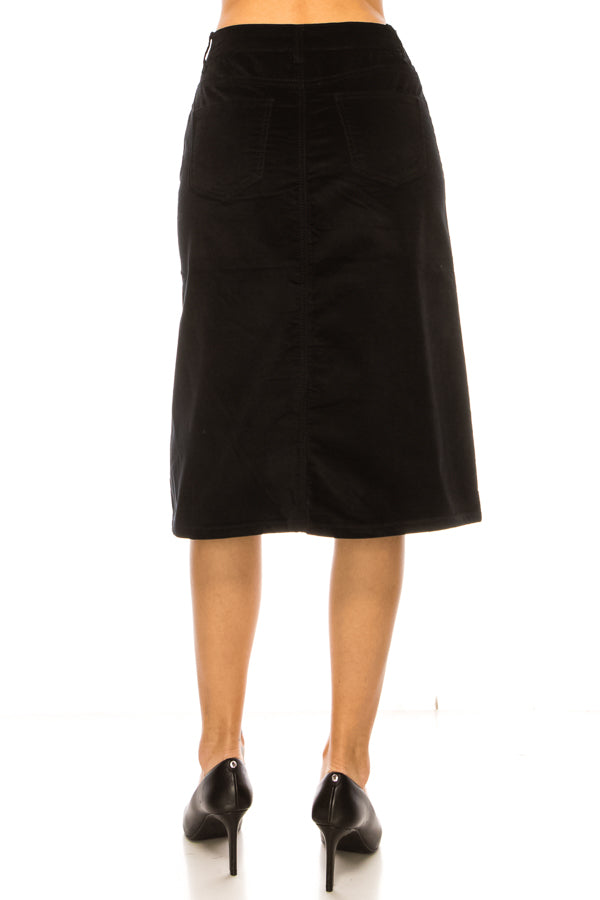 model wears black velvet skirt