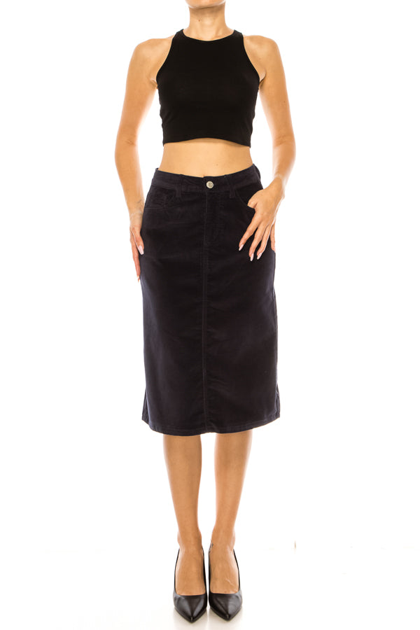 model wears blue velvet skirt