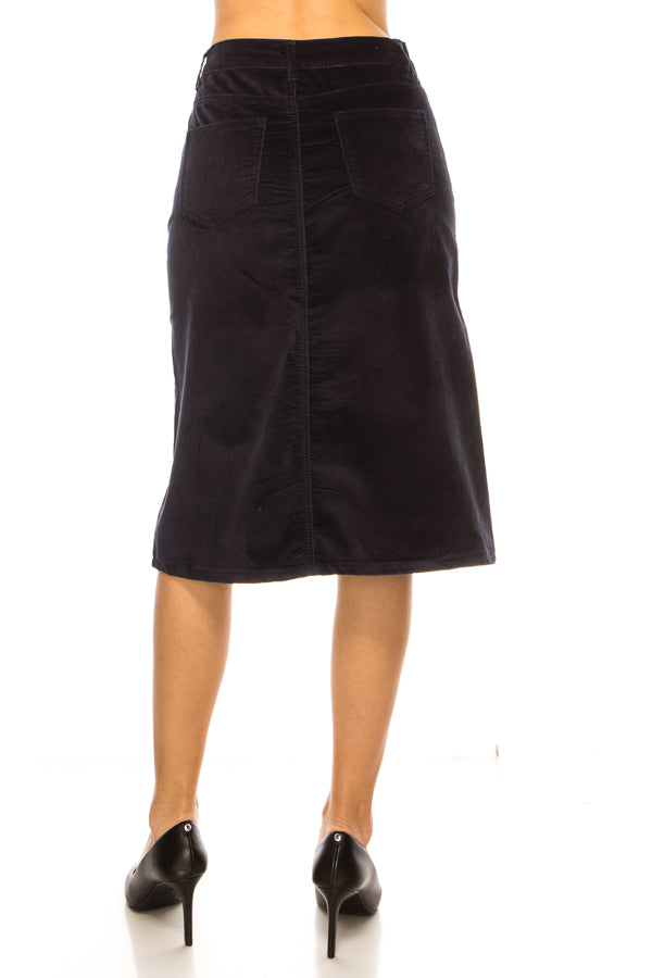 model wears blue velvet skirt