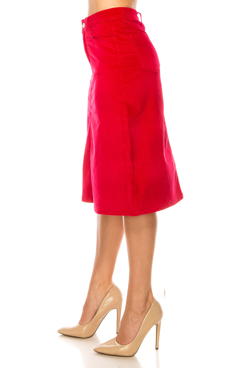 model wears red velvet skirt