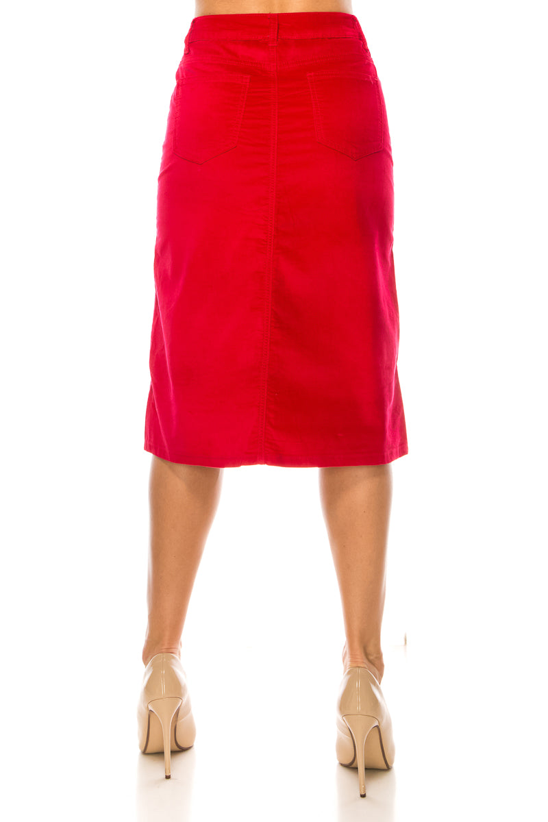 model wears red velvet skirt