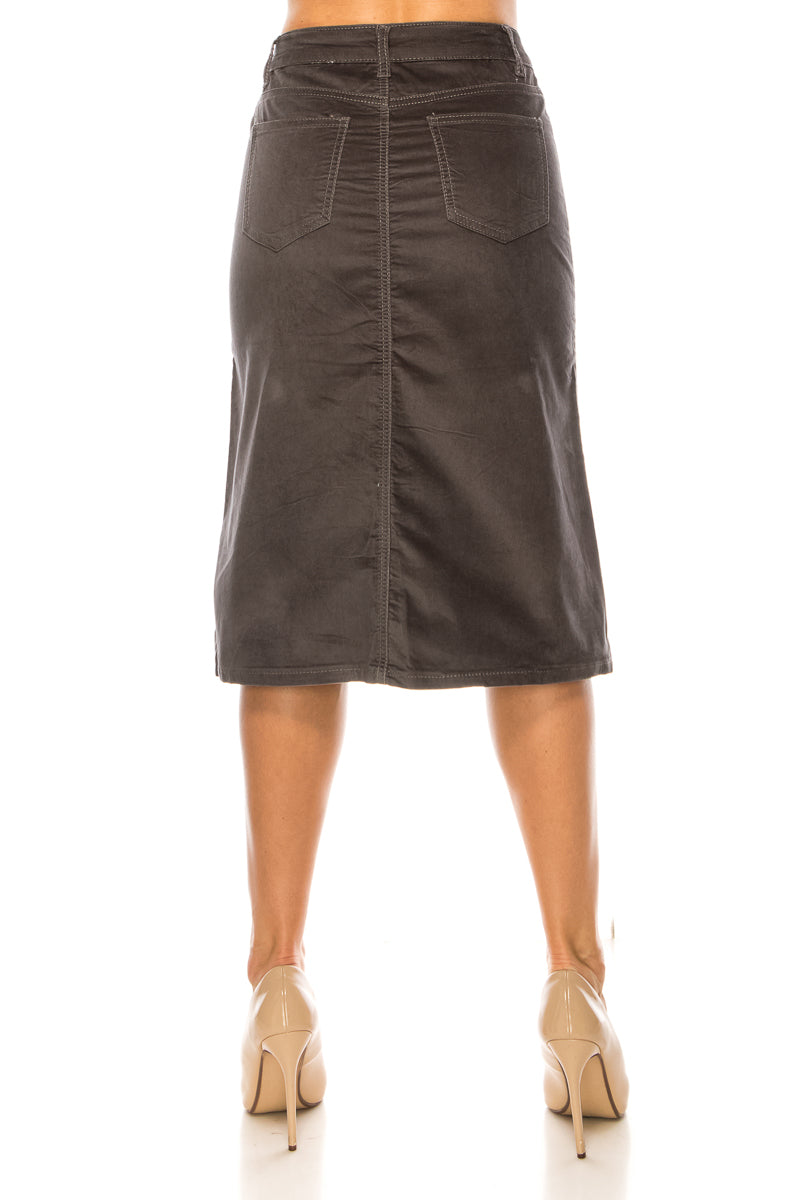 model wears gray velvet skirt