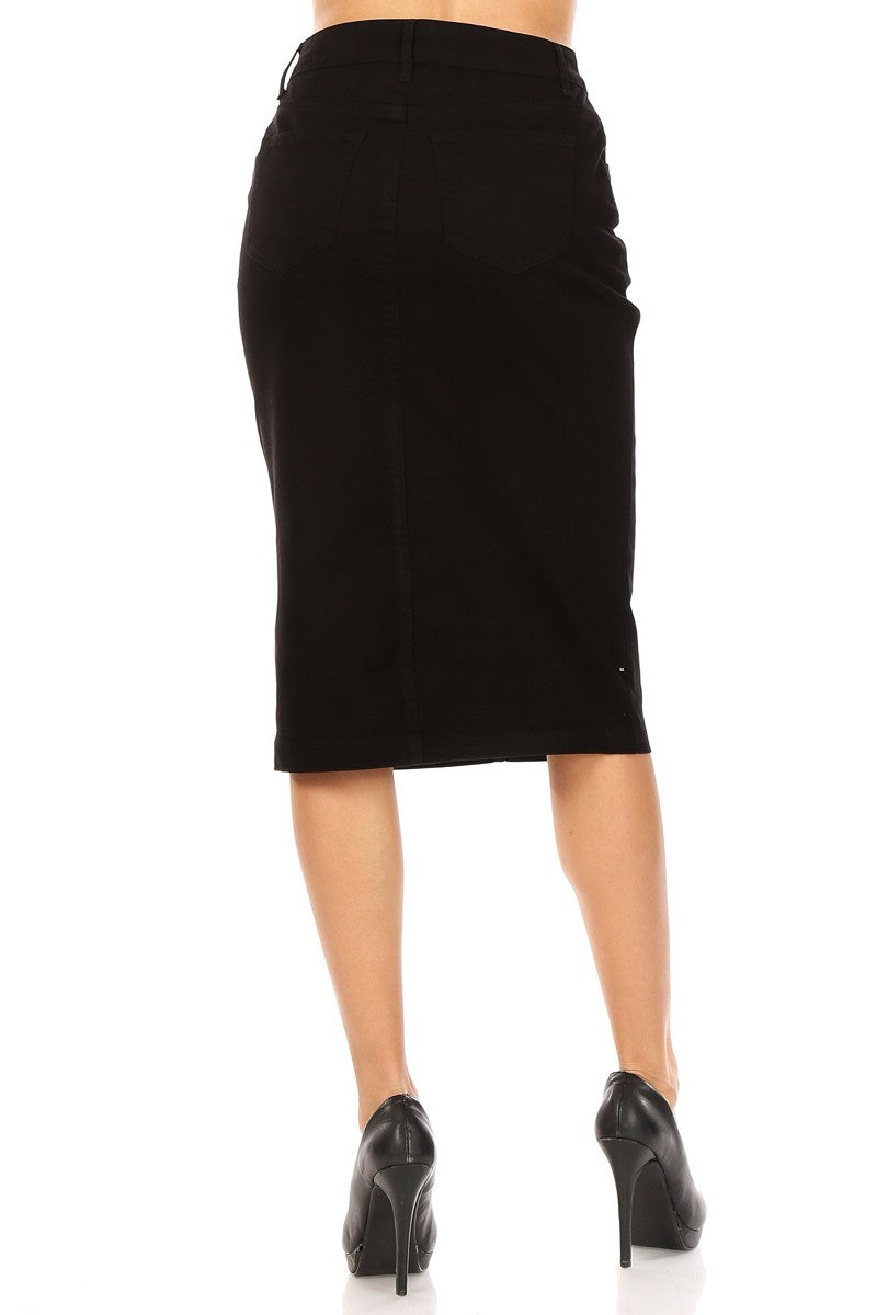 model wears black cotton midi skirt