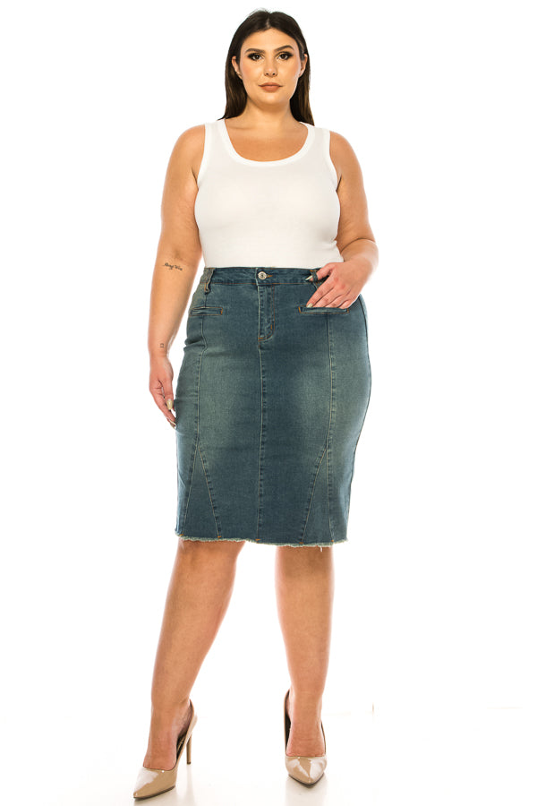 model wears blue wash denim skirt