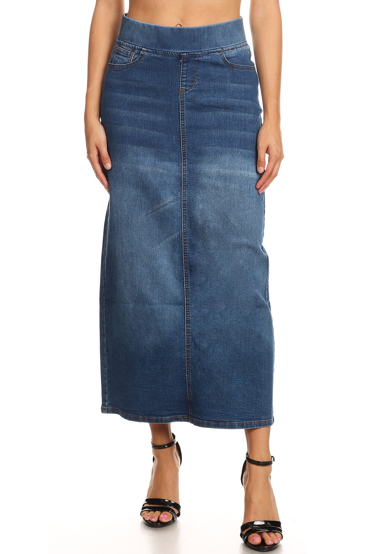 model wears vintage wash denim skirt