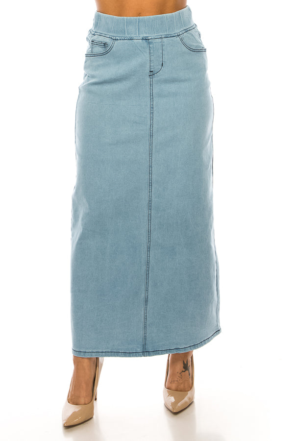model wears indigo wash denim skirt