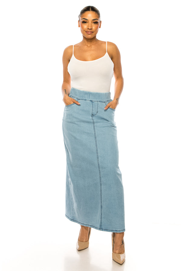 model wears indigo wash denim skirt