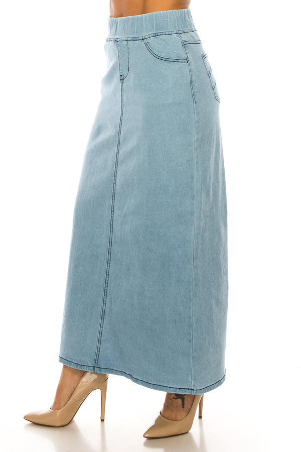 model wears indigo wash denim skirt