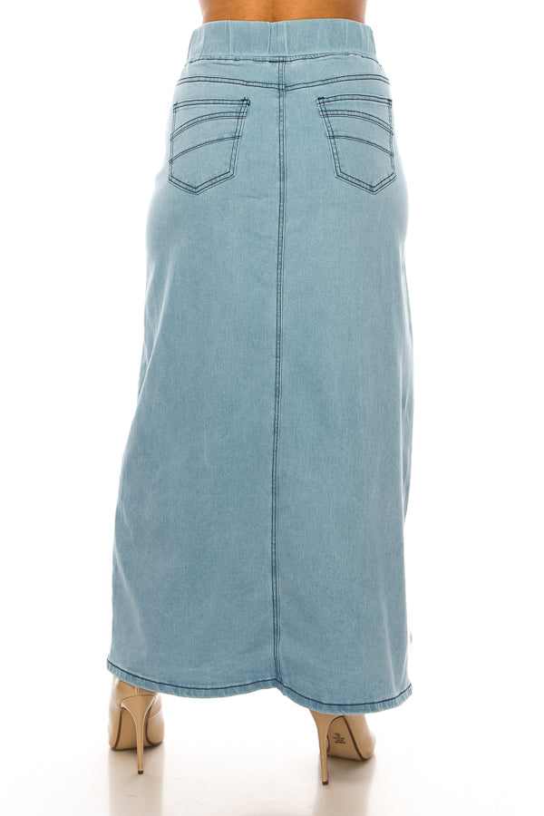 model wears indigo wash denim skirt