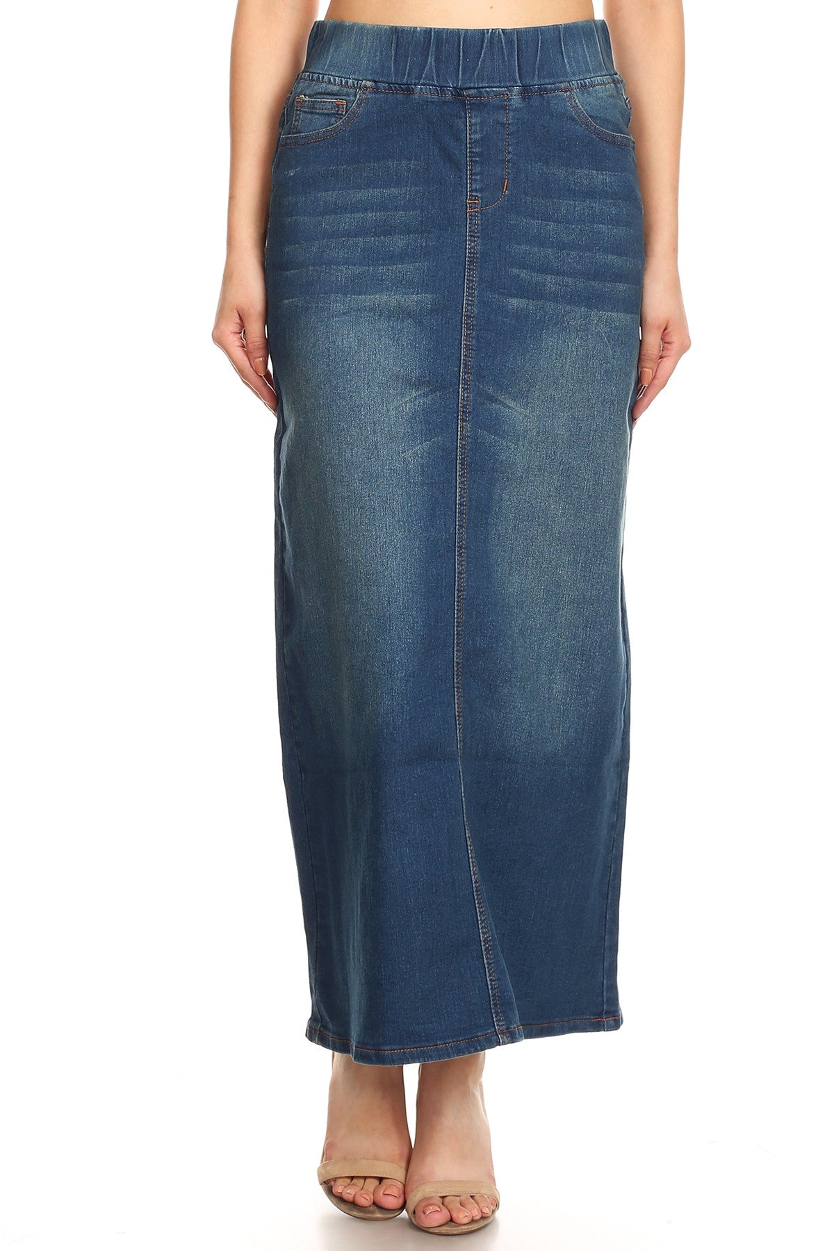 model wears vintage wash denim skirt