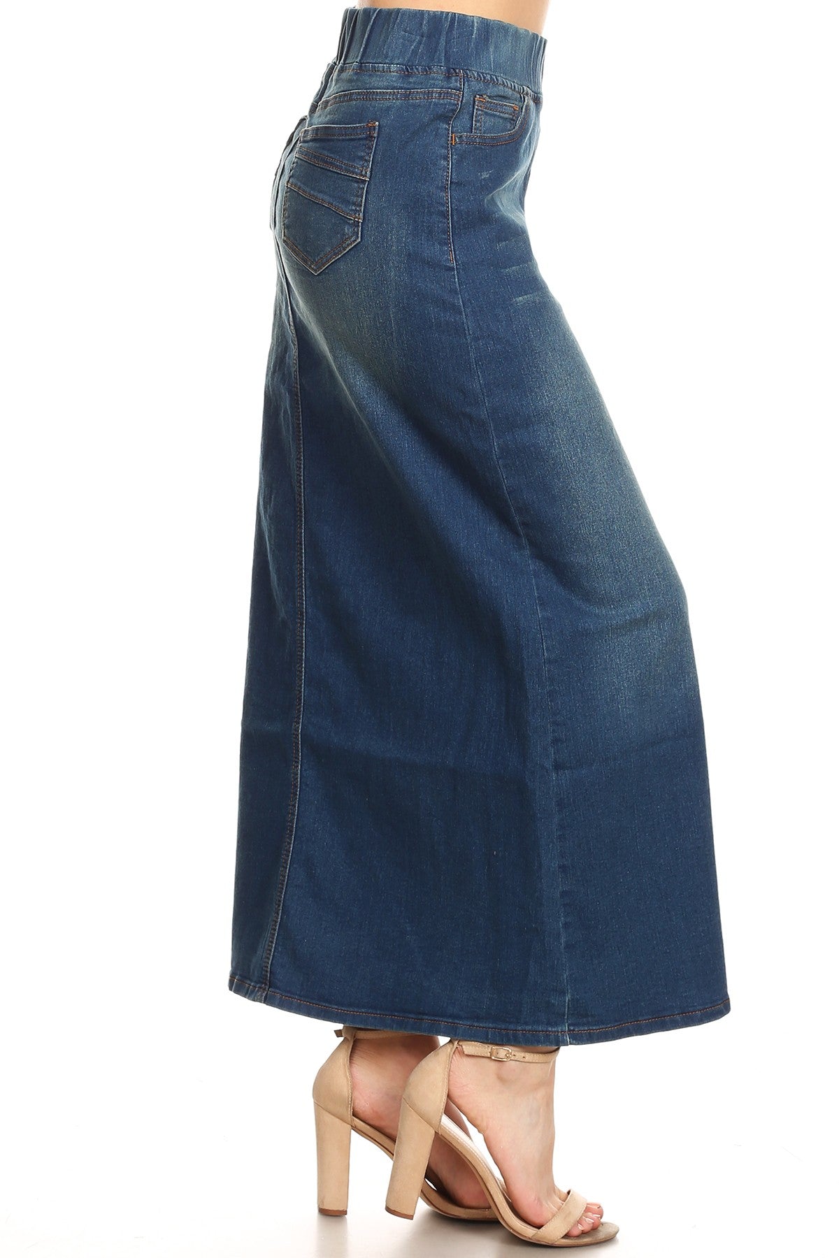 model wears vintage wash denim skirt