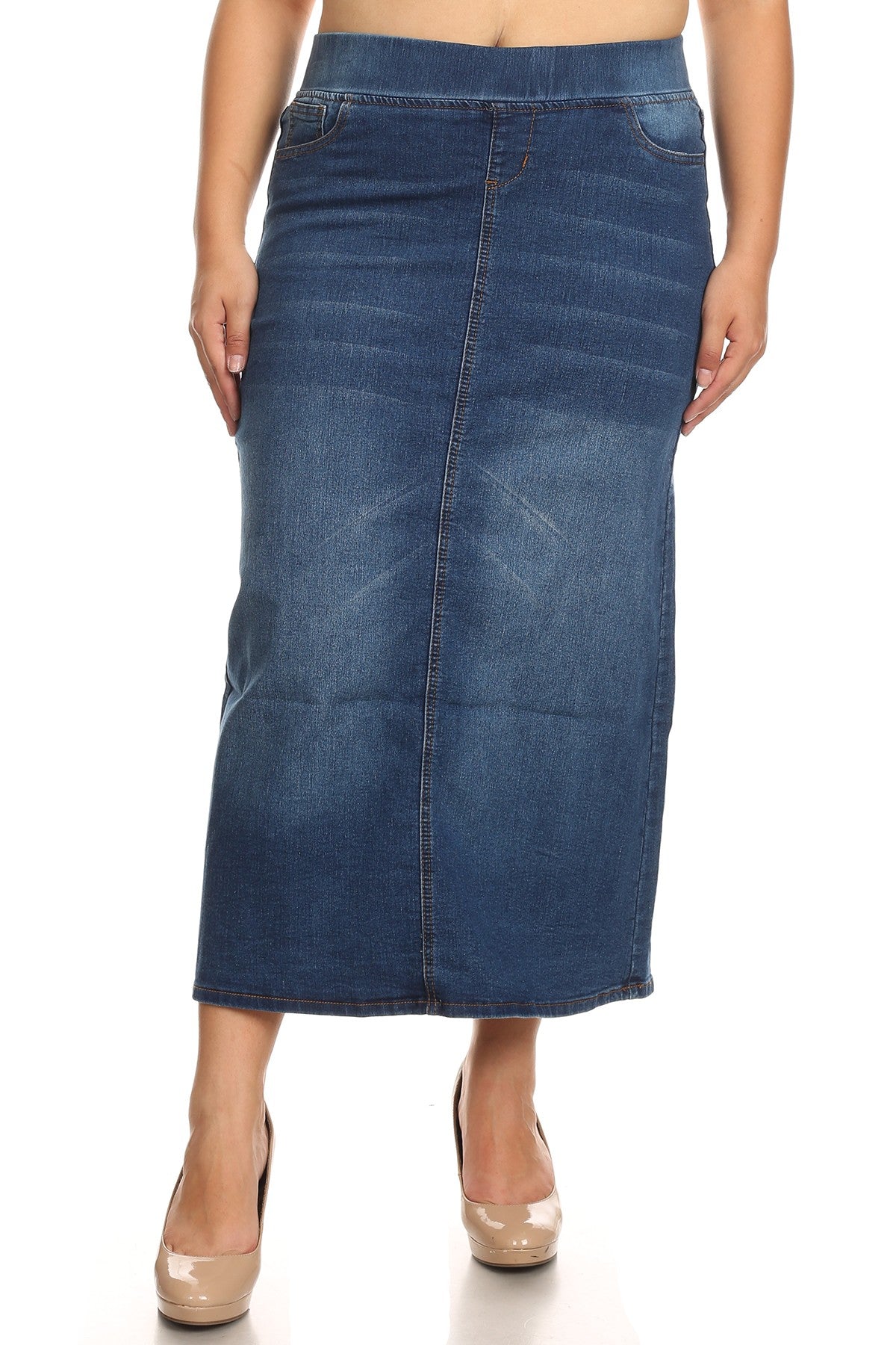 model wears vintage wash denim skirt