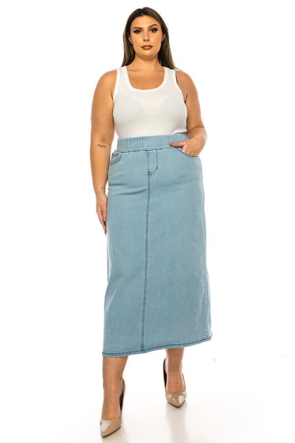 model wears indigo wash denim skirt