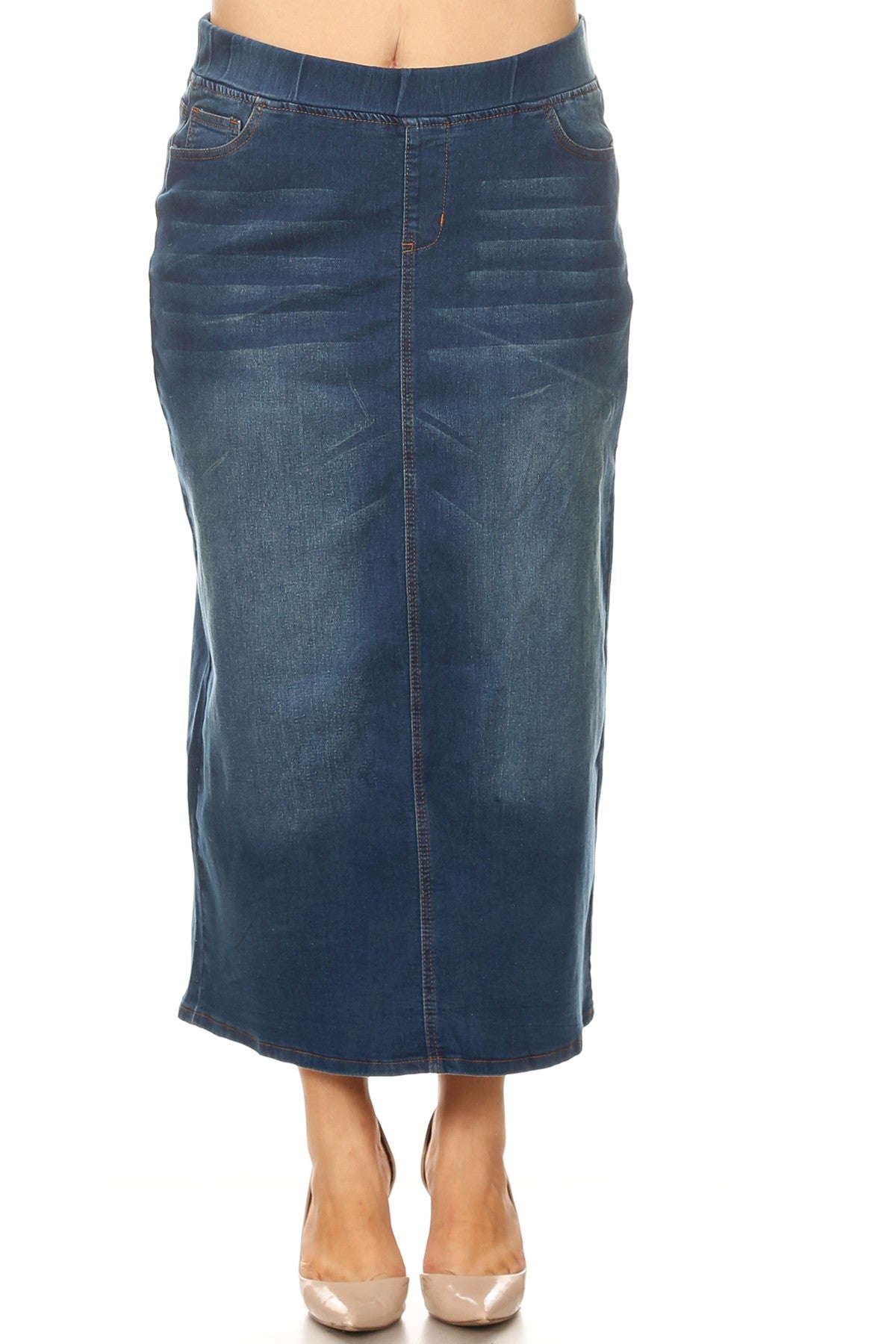 model wears vintage wash denim skirt