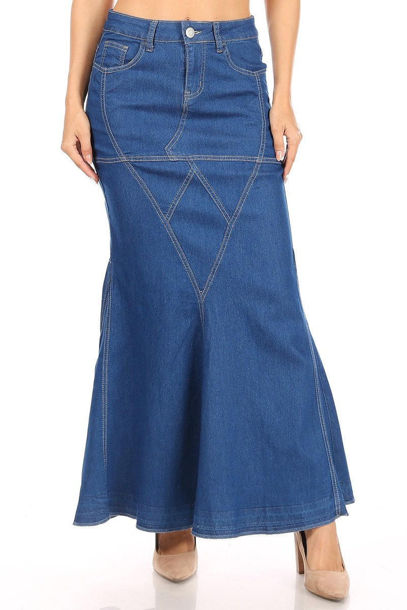 model wears indigo wash denim skirt