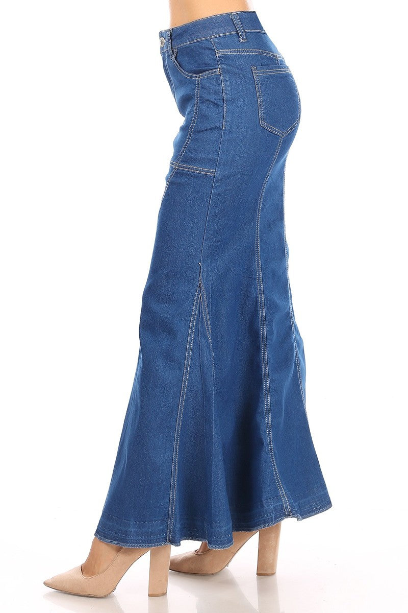 model wears indigo wash denim skirt