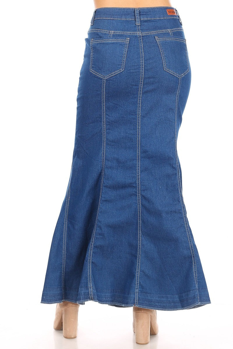 model wears indigo wash denim skirt