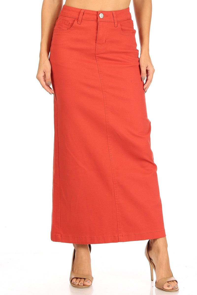 model wears red maxi cotton skirt