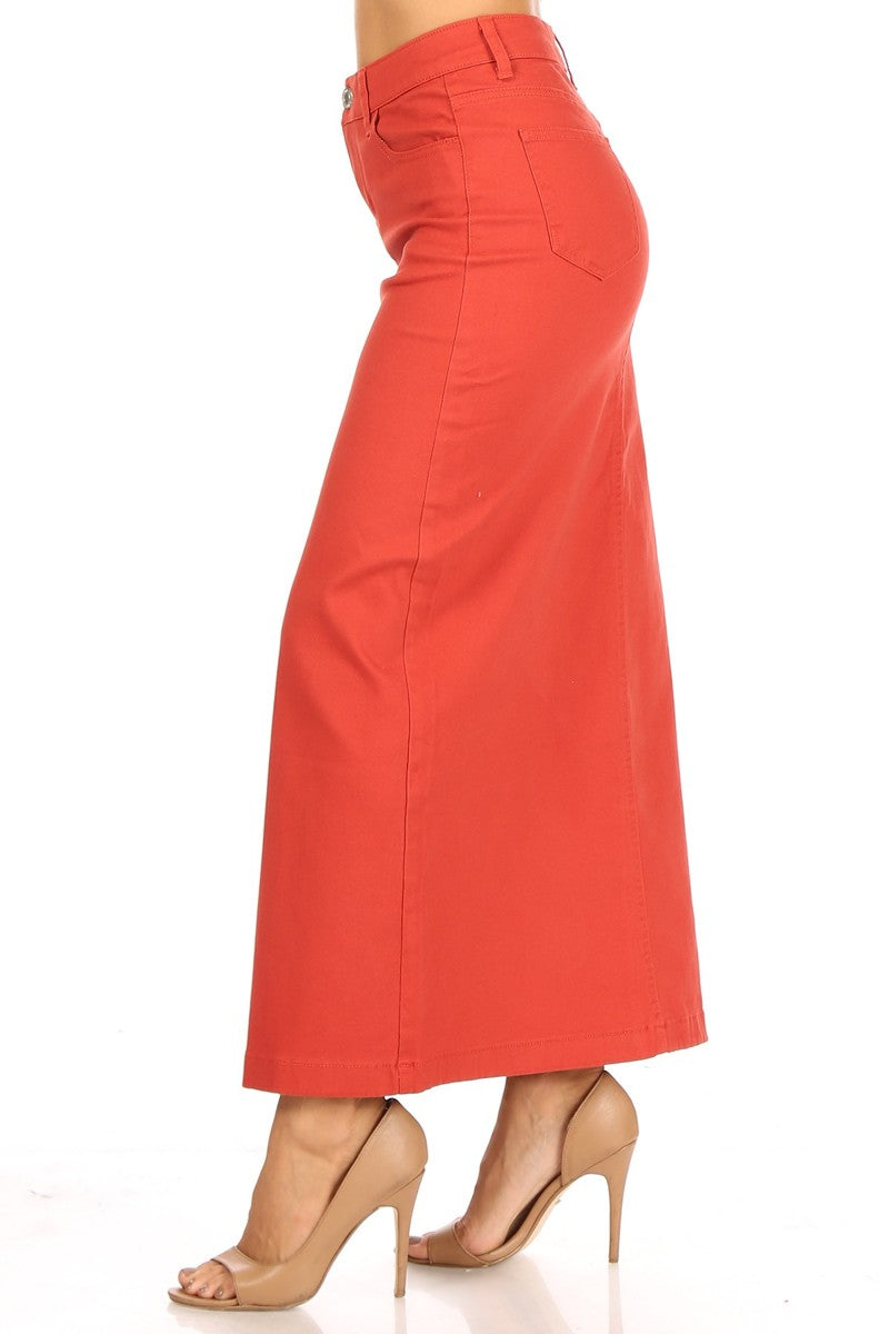 model wears red maxi cotton skirt