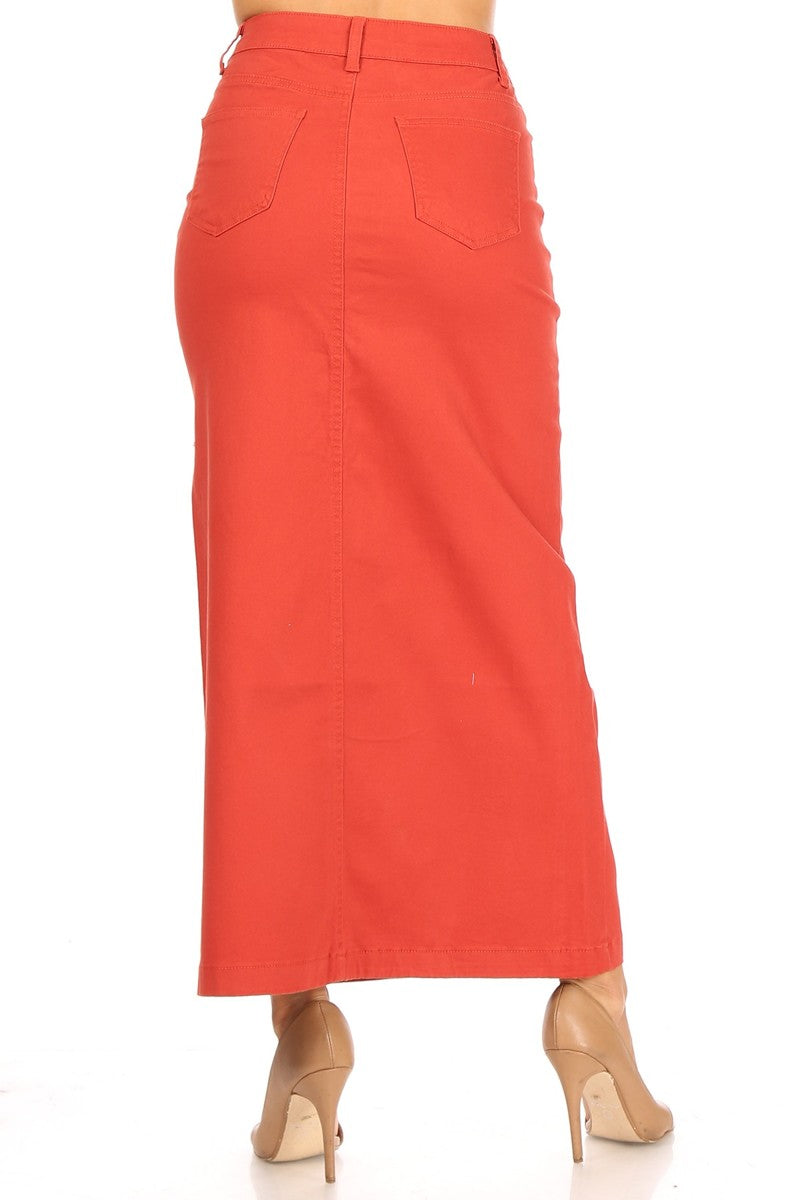 model wears red maxi cotton skirt