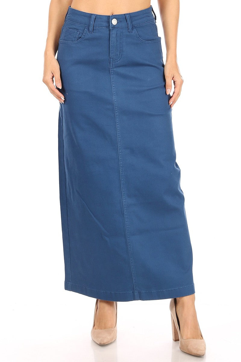 model wears blue maxi cotton skirt