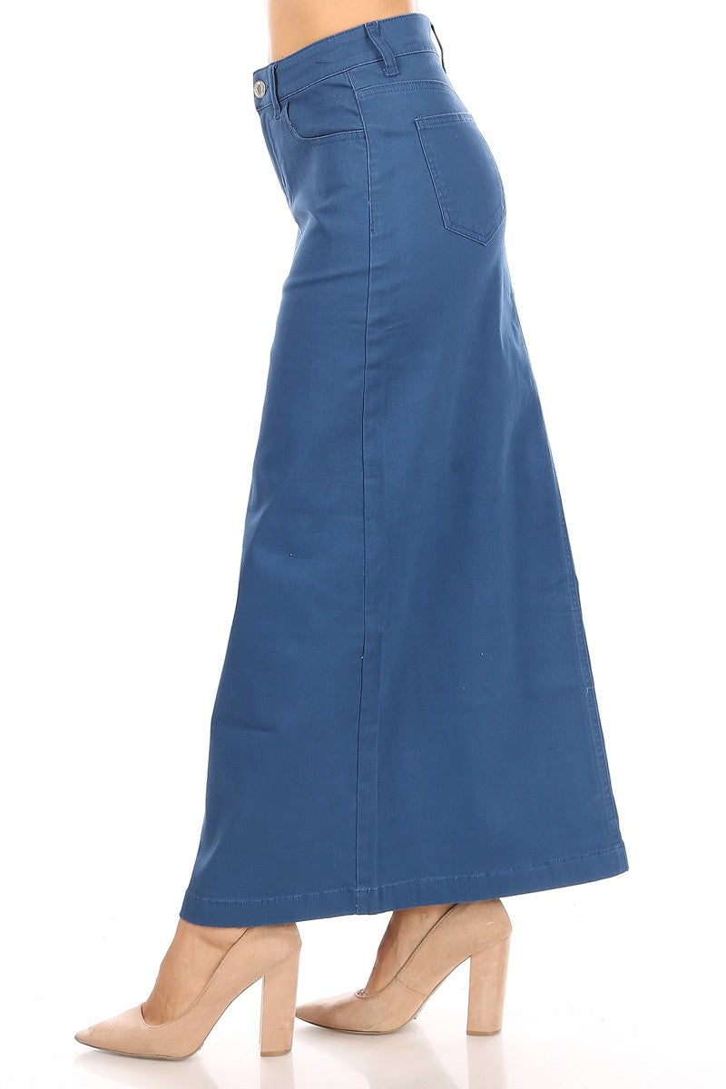 model wears blue maxi cotton skirt